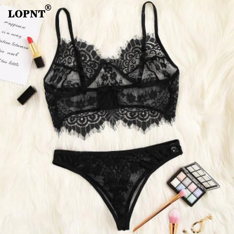 

Lopnt Lingerie Women's Underwear Lace Bra Set Floral Eyelash Lace Erotic Lingerie Three-Point Female Underwear Set Sexy Intimate