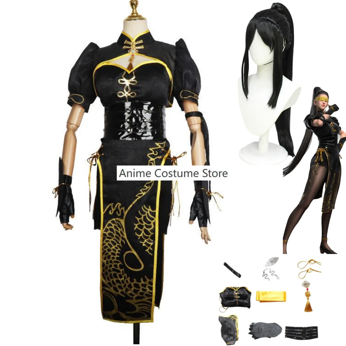 Anime Game Naraka: Bladepoint Viper Ning Cosplay Costume Wig Hongye Shawl Dragon Cheongsam Dress Woman Sexy Carnival Suit