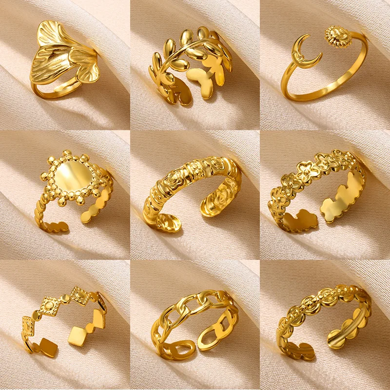 

New Simple Geometric Ring Chain Ring Stainless Steel Hydraulic Women's Sun Moon Leaf Ring