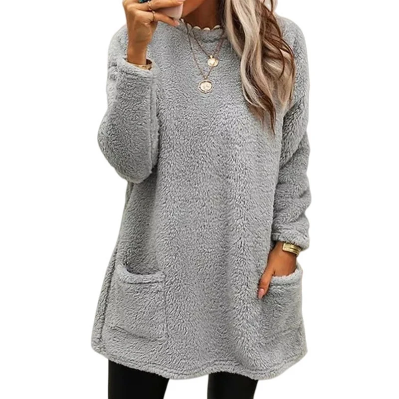 Autumn Winter Women Pullover Warm Plush Hoodie Half-high Collar Sweatshirt With Pockets Cozy Tops Female Loose Double Fleece Top