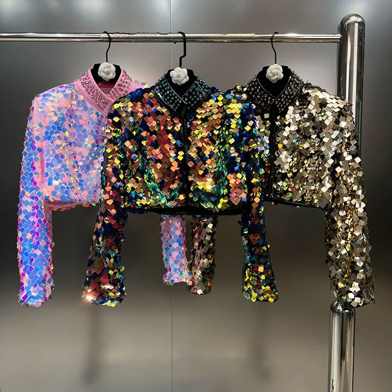 

2024 Fashion New Women's Shiny Sequins Coat O-neck Long Sleeves Short Jacket Casual High Street Coats Christmas Party Top