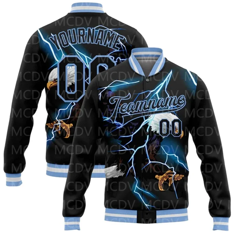 Custom Zwart Licht Blauw-Wit Bliksem Adelaar 3d Patroon Ontwerp Bommenwerper Full-Snap Varsity Letterman Jas