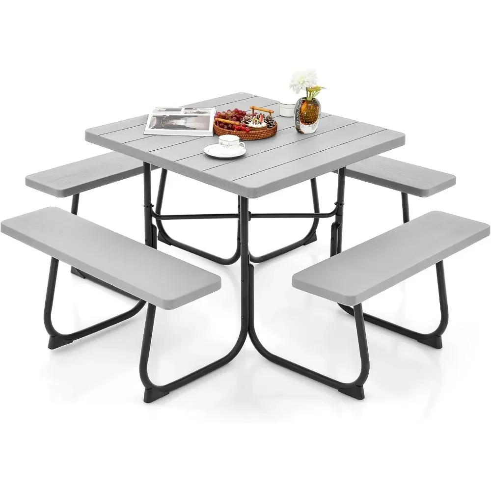 Picnic Table Set for 4-8 Persons, Outdoor Table and Bench Set with Umbrella Hole, HDPE Top & Metal Frame