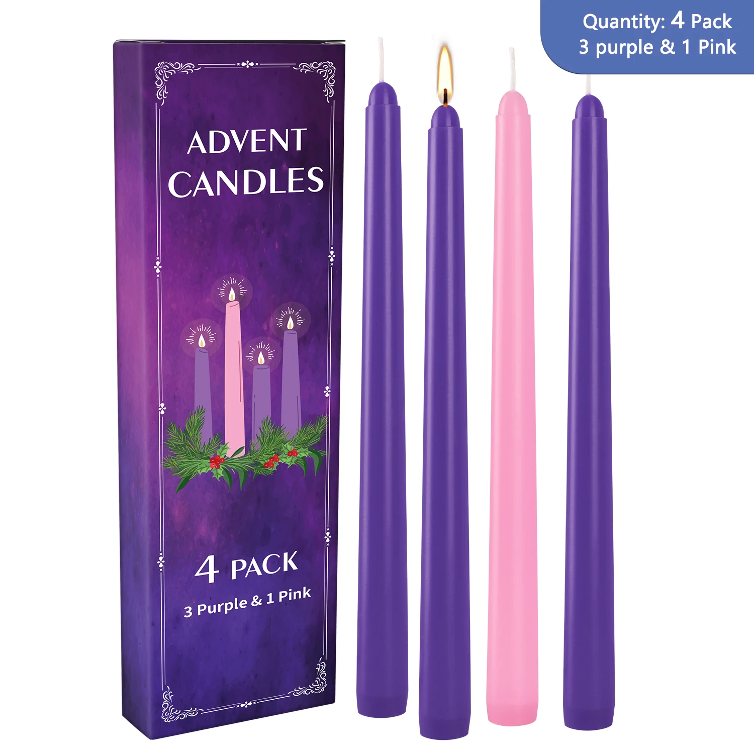 4 Pieces of 10inch A-Style Candles with Three Purple and One Pink Small Wicks, No Dripping, No Smoke, No Fragrance, Household Dinner Candles, Hand-Poured, High-Quality, Suitable for Various Places and Holidays. We Only Use High-Quality Wax to Make Cone-Shaped Candles, so When the Candle Burns, You Will See Wax of the Same Color as the Long Candle. You Will Be Captivated by Its Soft Light.