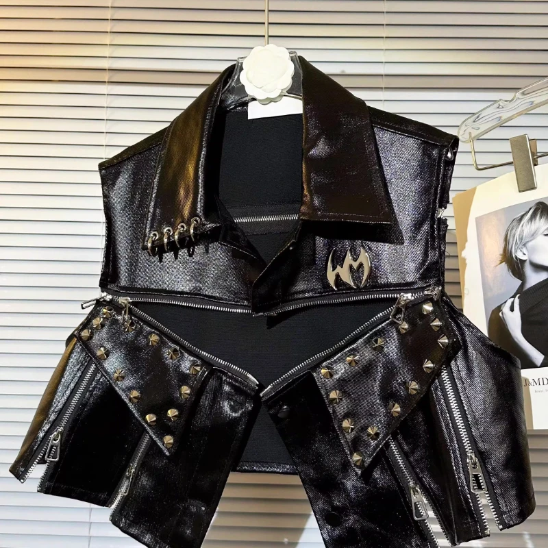 Original Design Dark Punk Style Sweet Cool Women's Short Jacket 2025 Autumn New Rivet Multi-Zipper PU Leather Waistcoat Ladies