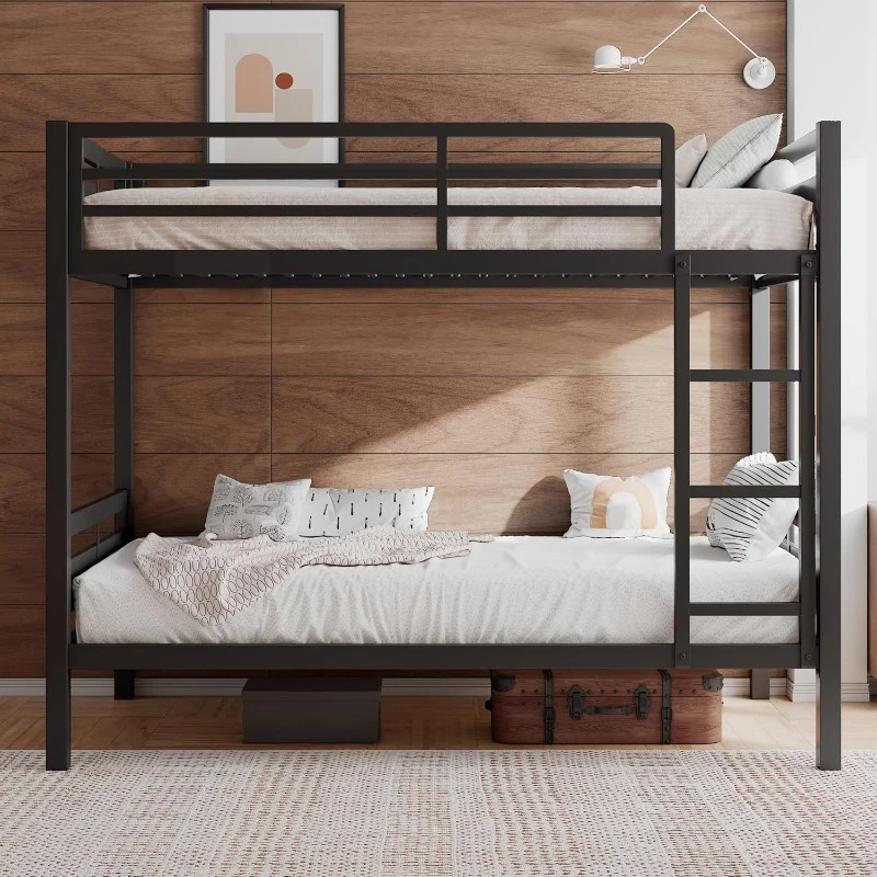 Bunk Bed Twin Over Twin, Heavy Duty Metal Bed with Ladder and Full-Length Guardrail, Under-Bed Storage Space