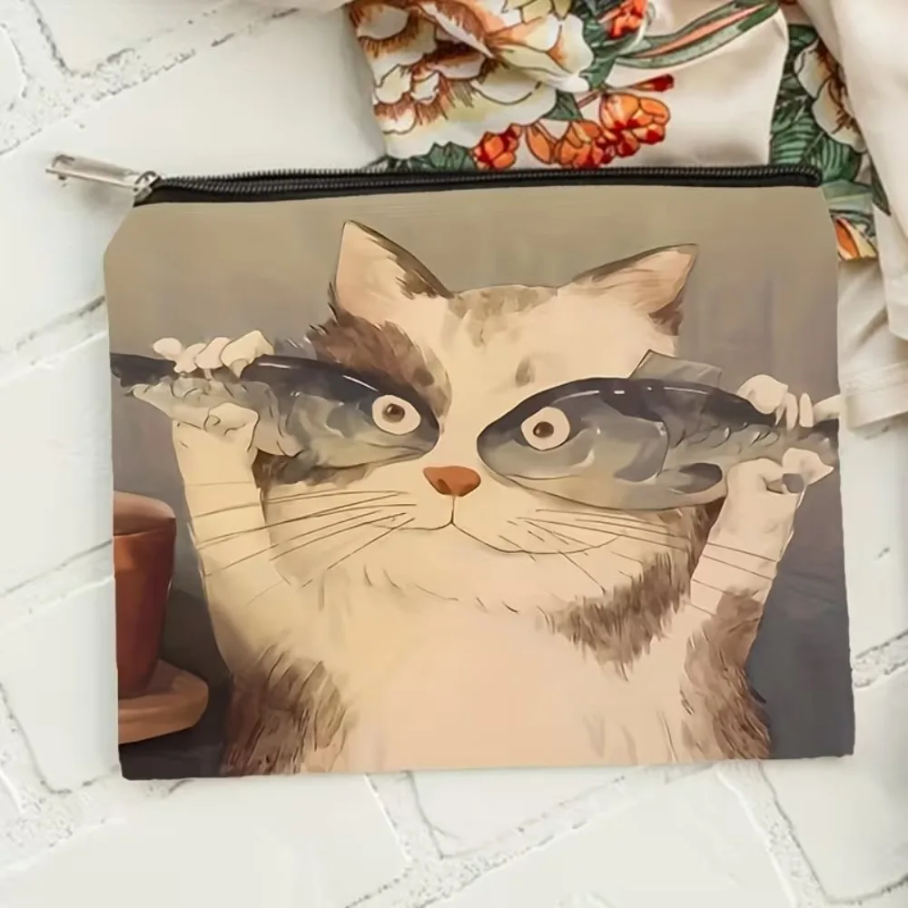 Funny Cat Fish Zipper Pouch, Cute Meme Cat Makeup Bag, Quirky Cat Lover Cosmetic Pouch, Novelty Cat Themed Gift For Her