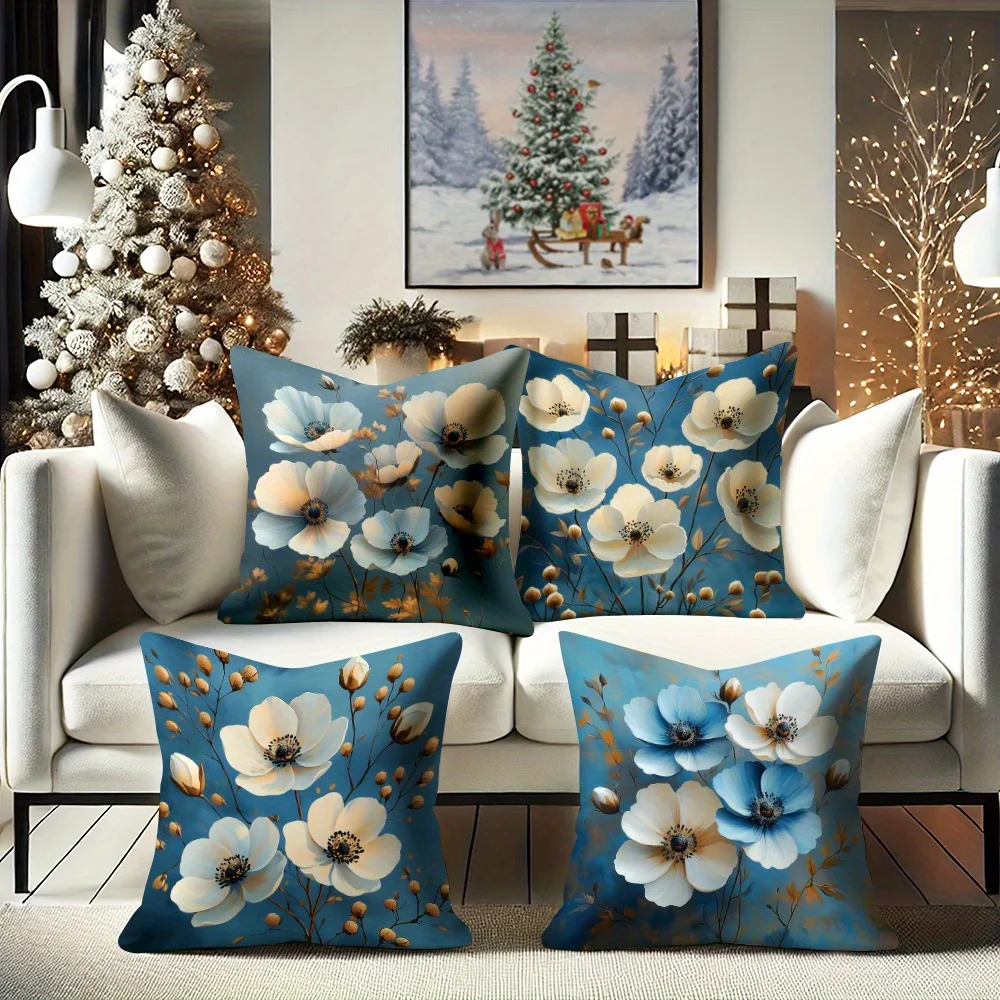 Blue background with poppy flowers digital printing pillow cover Short plush Suitable living bedrooms sofas throw cushion cover