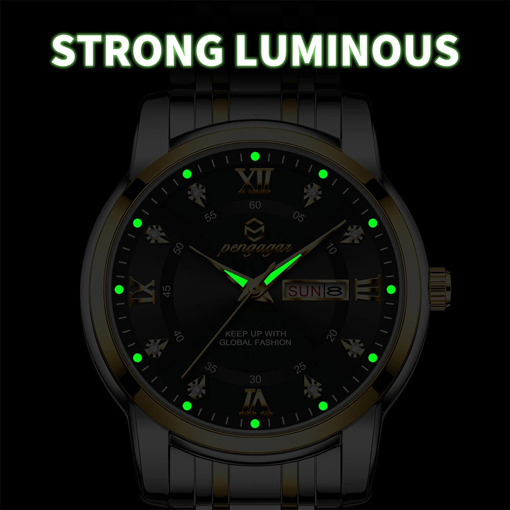 PENGAGAR Luxury Man Wristwatch Waterproof Luminous Date Week Stainless Steel Watch For Men Sport Quartz Men\'s Watches Male Reloj