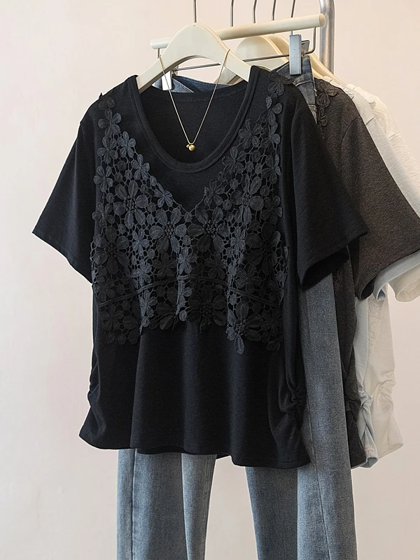 Fashionable Lace Hook Short Sleeve T-Shirt Base Shirt Women Summer plus Size Slimming Stylish Fake Two-Piece Top Commute Ready