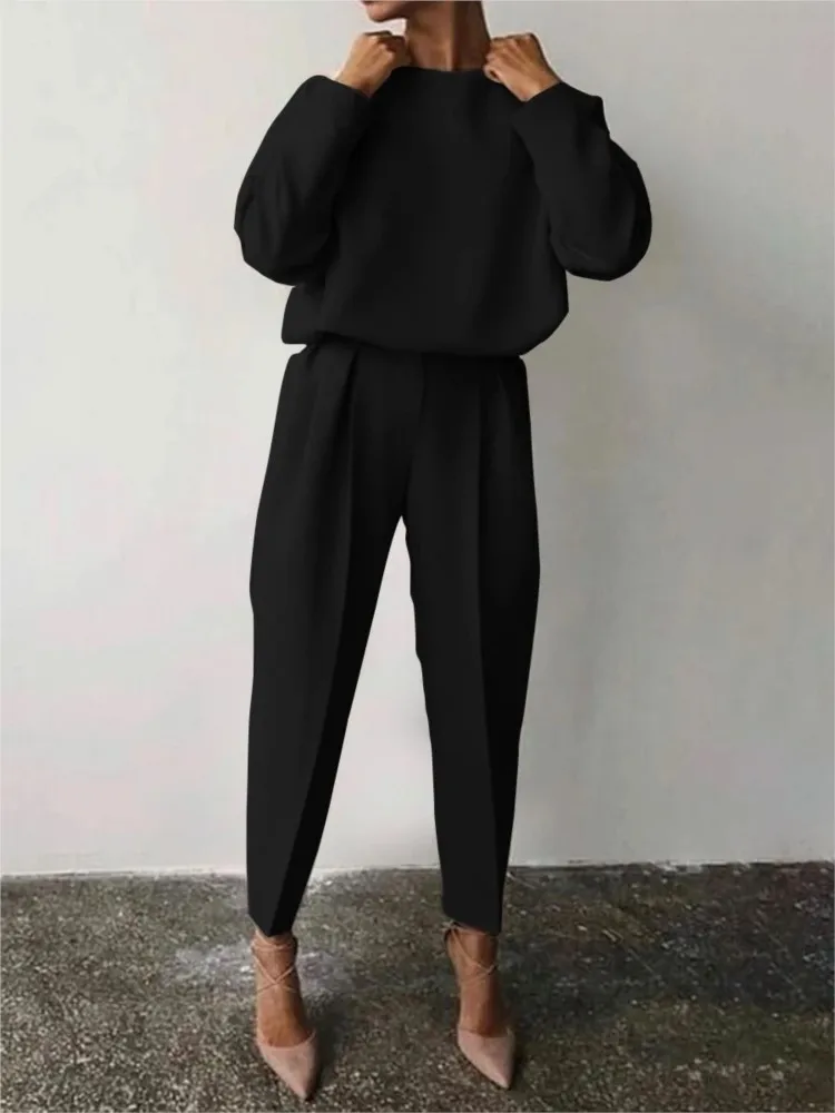 New Solid Long-sleeve Casual Two-piece Set For Women Loose O Neck Black Pants Suit Female Elegant Casual Office Sets Autumn