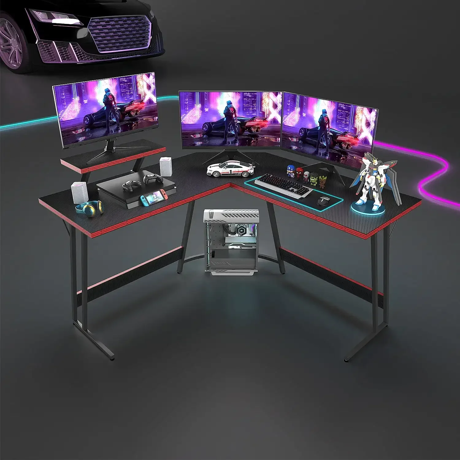 51 Inch L-Shaped Gaming Computer Corner Desk PC Gaming Desk Table with Large Monitor Riser Stand,Black/Blue/Pink