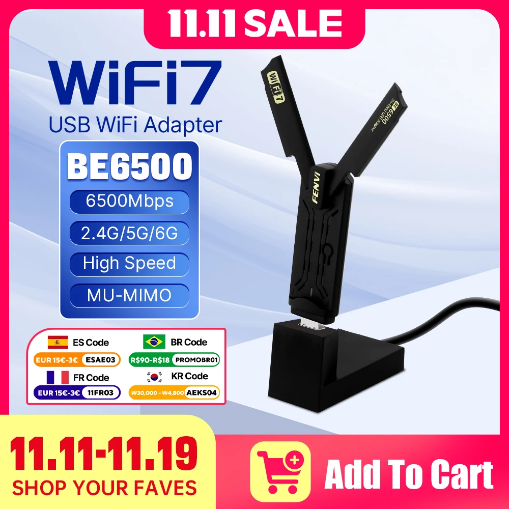 

Fenvi Wi-Fi 7 USB WiFi-адаптер BE6500 USB 3.0 WiFi 7 Сетевой приемник WiFi-ключ ПК Драйвер ноутбука Бесплатно для Win10/11