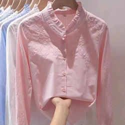 Basics Single Breasted Embroidery Cotton Shirts and Blouses For Woman Clothing Long Sleeve Camisas Office Lady Elegant Sweet Top