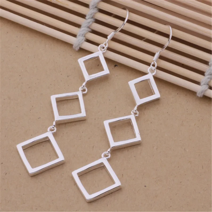 

Popular brands 925 Sterling silver Square rhombus long earrings for women luxury wedding accessories jewelry fashion party gifts