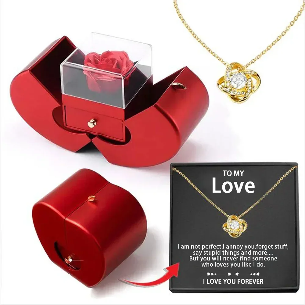 Birthday Gift To Girlfriend Red Apple Jewelry Box Necklace Eternal Rose for Girl Mom Wife Wedding New Year Valentine's Day Gifts