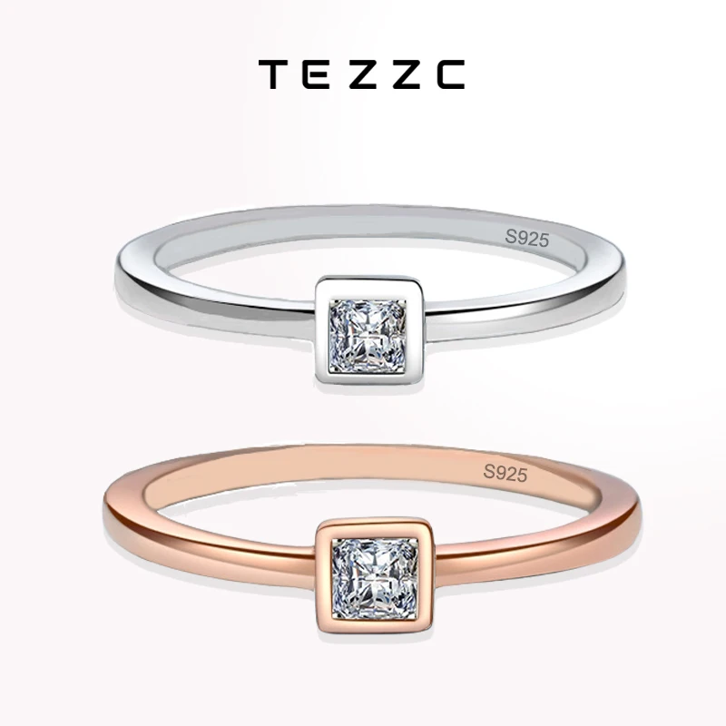 

Tezzc Moissanite Lab Diamond Ring For Women 925 Sterling Silver with White Champagne Gold Plated Pass Diamond Test Rings Jewelry