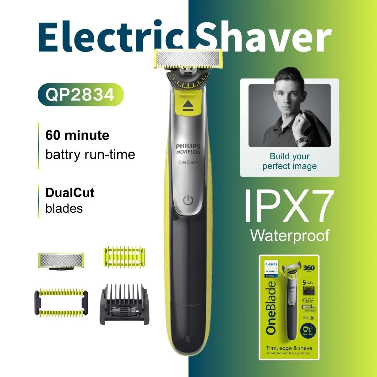 فيليبس نوريلكو ون بليد 360 وجه + جسم QP2834 مع مشط وجسم 5 في 1 للوجه #1