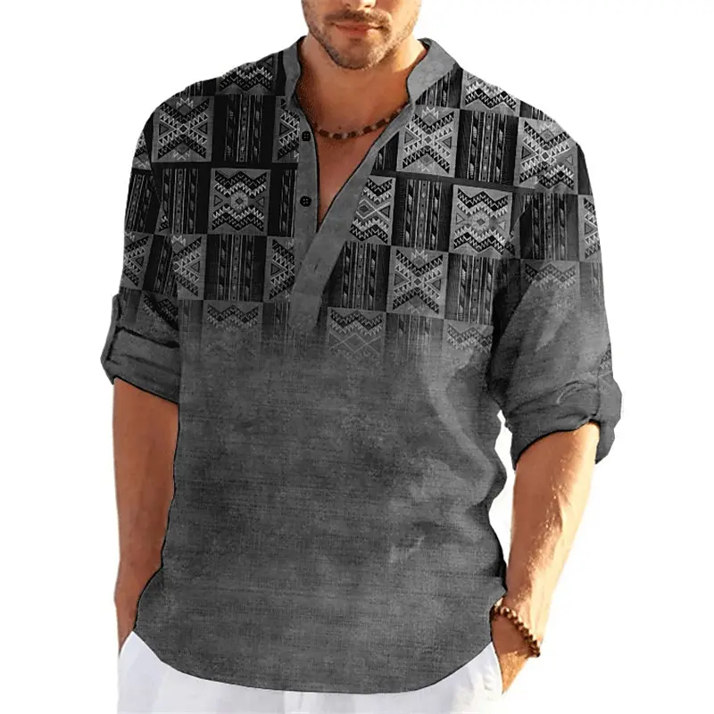 Tribal Ethnic Style 3D Print Vintage Henley Shirts Men\'s Casual Fashion Stand Collar Long Sleeve Shirt Tops Blouse Man Clothing