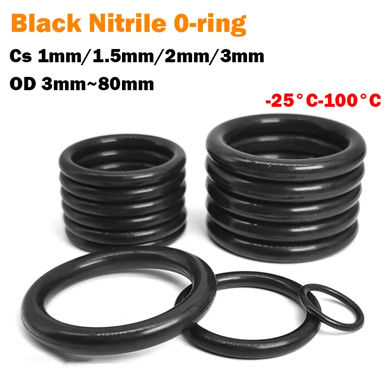 Black Nitrile O-ring Thickness CS 1mm/1.5mm/2mm/3mm Outer Diameter 3-80mm Rubber Oil Resistant Gasket