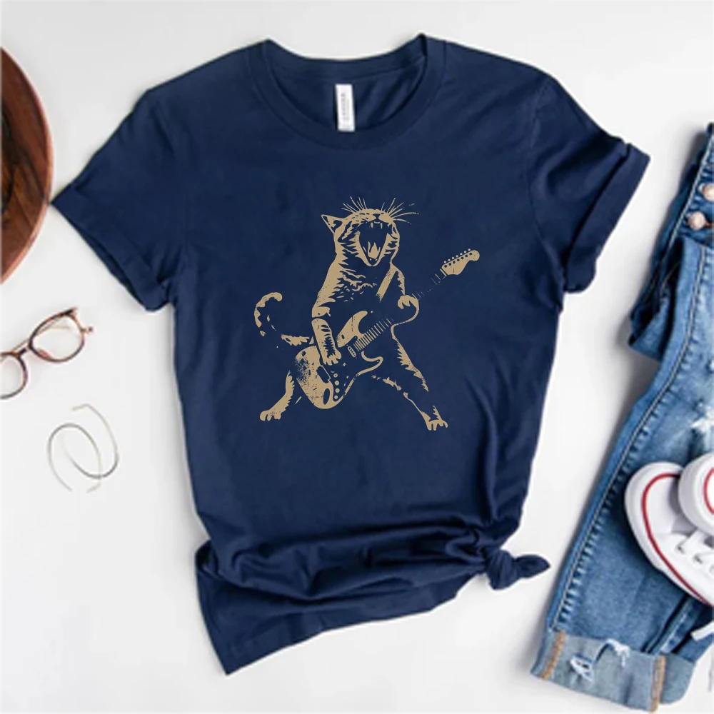 Funny Guitar Cat T-Shirt Rock Cat Playing Guitar Graphic T Shirt Rock Lovers Tshirt Cat Lovers Tee Unisex Short Sleeves Tops