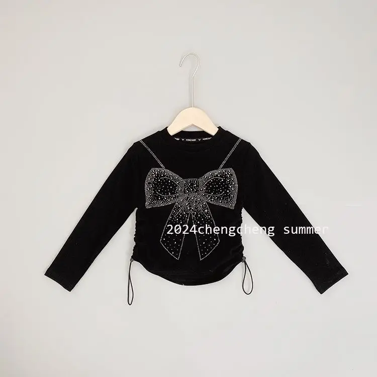 Kids Girls Rhinestone T-shirts Bow Printed Drawstring Crop Tops Black White 2024 New Spring Autumn Undershirts Korean Style