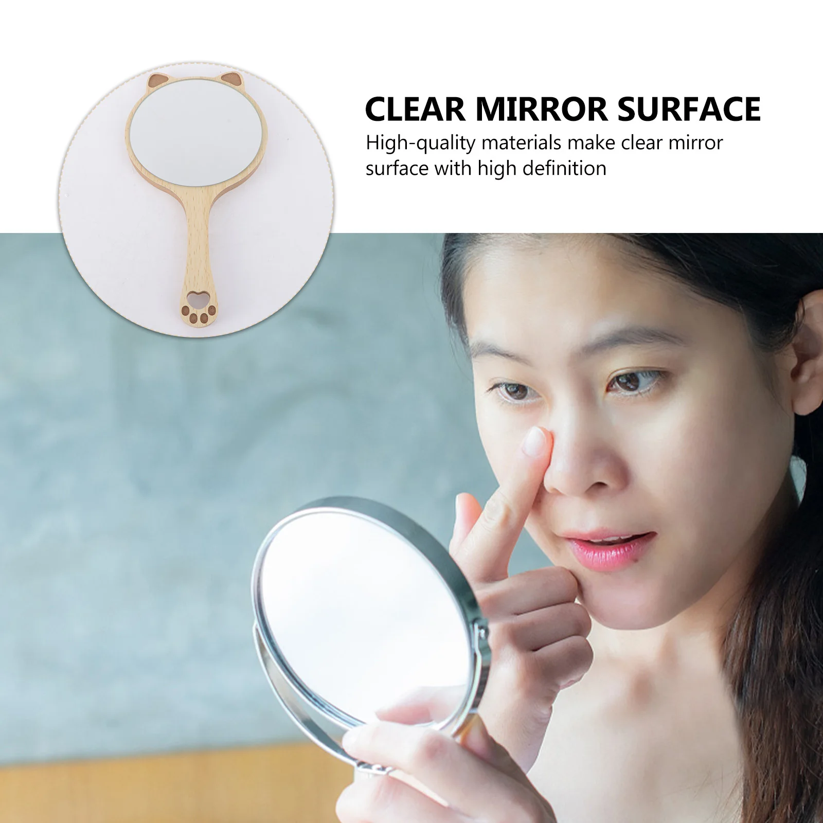 

Wooden Handheld Makeup Mirror Cat Ear Unique Design Portable Mirror Compact Travel Tool Makeup Tool