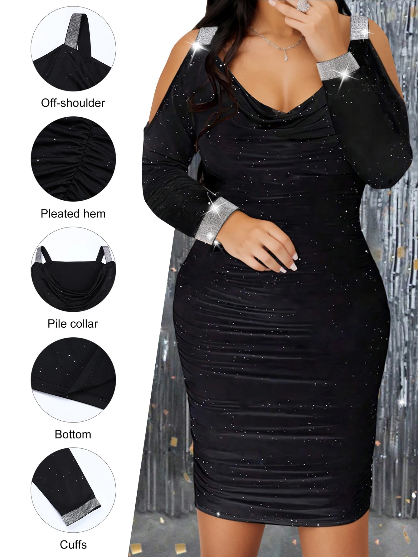 Christmas 2024 Women\'s Bodycon Hip Wrap Dress Plus Size Elegant Off-Shoulder Sequins Long-sleeved Pleated Evening Party Vestidos