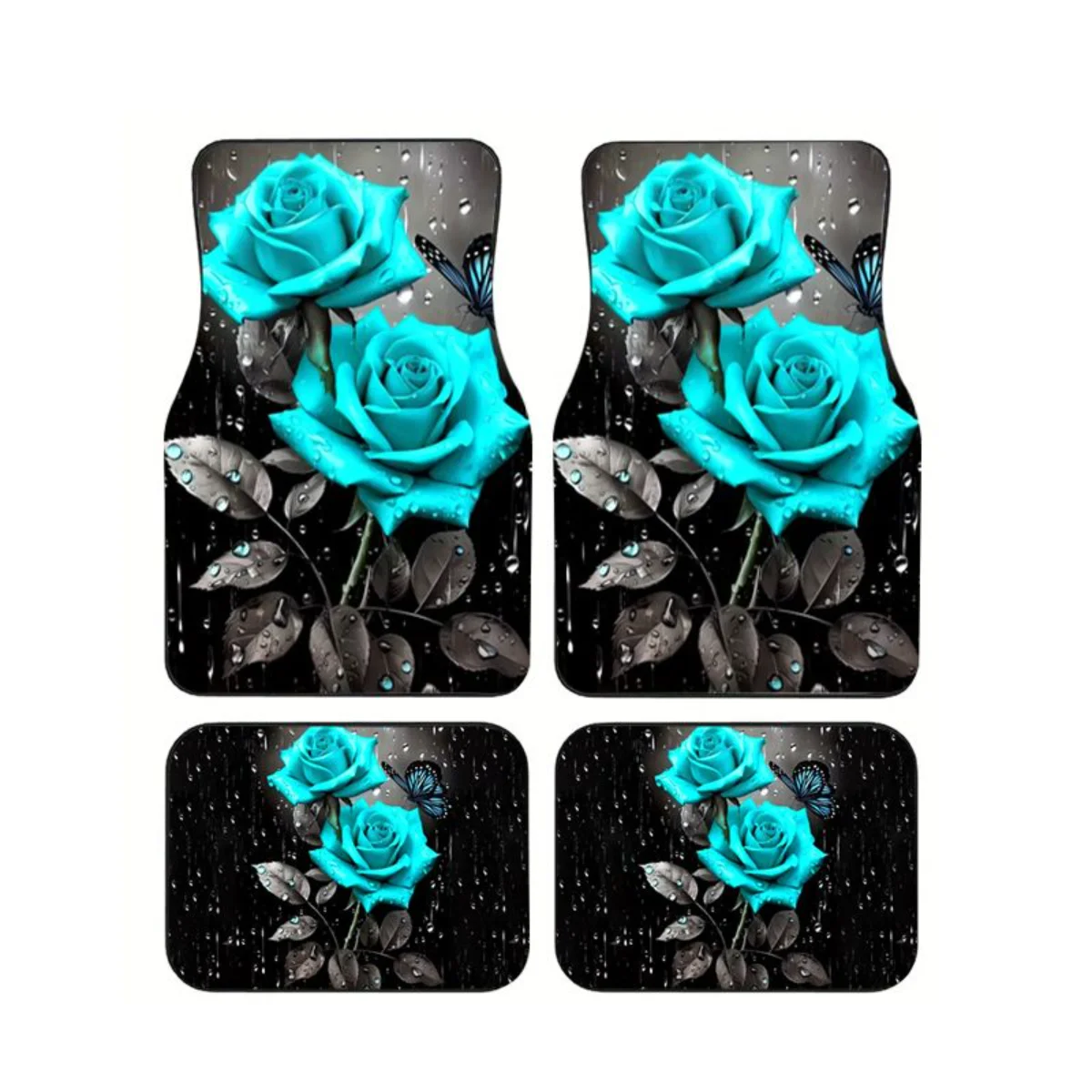 

Universal 4Pcs Car Floor Mats Cyan Rose Butterfly Rain Drop Print Anti-slip Waterproof Full Set Car Interior Decor Foot Pads