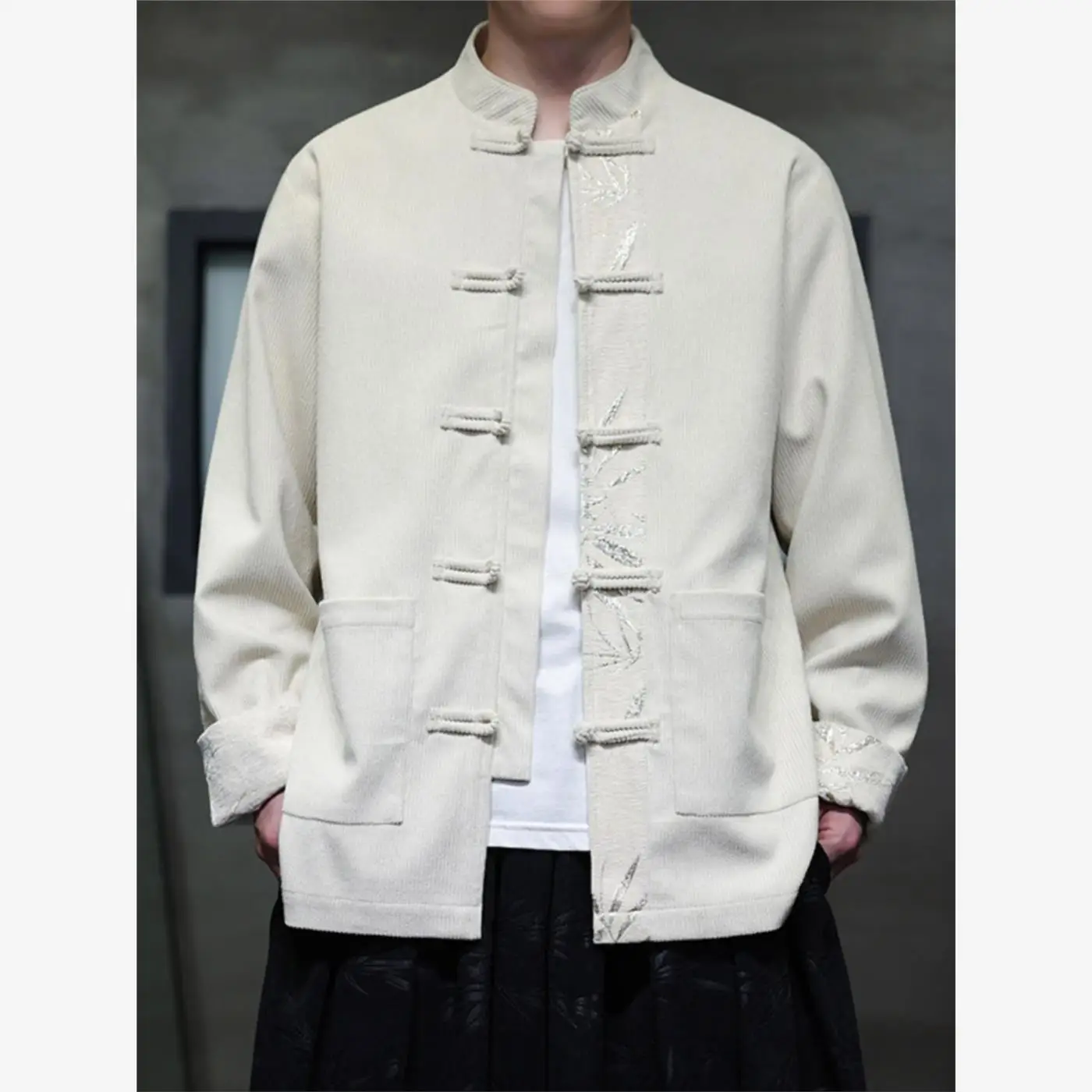 

New Chinese Sle Men's Long Sve Corduroy Jaet Autumn Winter Thiened Embroidery Large Size Outerwear Cleanfit Loose pe