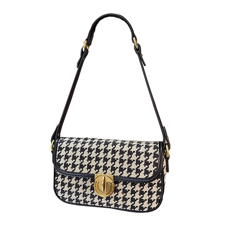 Houndstooth Square Shoulder Bag, Women\'s Canvas Flap Purse, Trendy Turn Lock Crossbody Bag