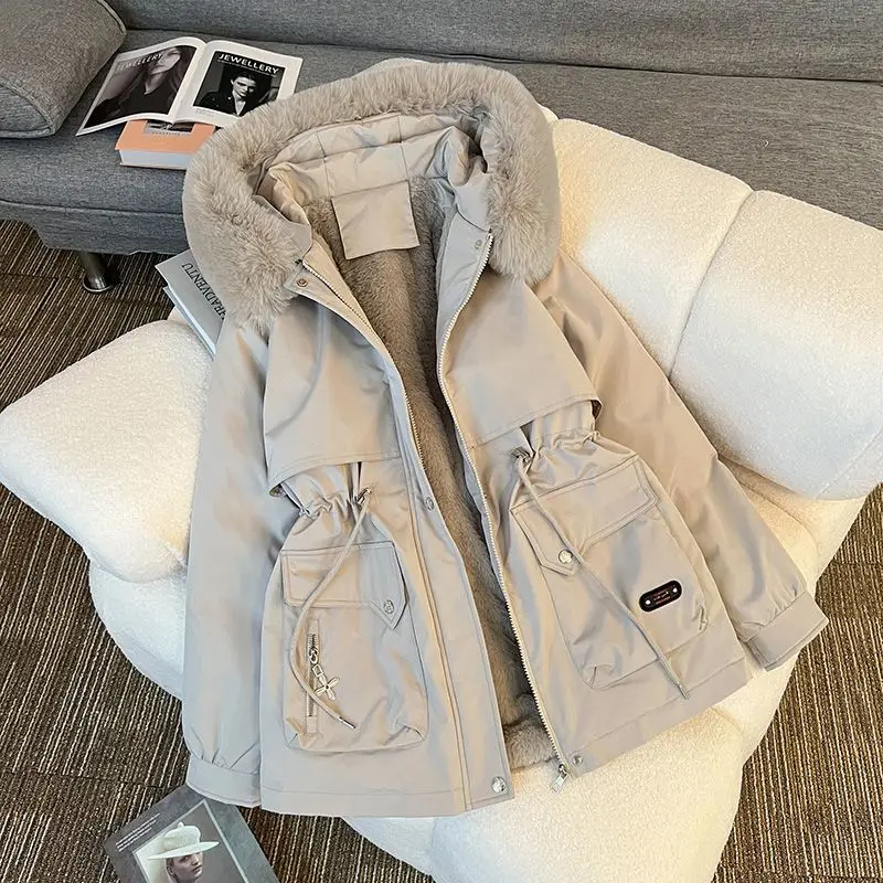 Women Mid Lenth Parkas Coats Hooded Jackets Solid Zipper Long Sleeves Drawstring Loose Fit Thick Office Lady Casual 2026 Winter