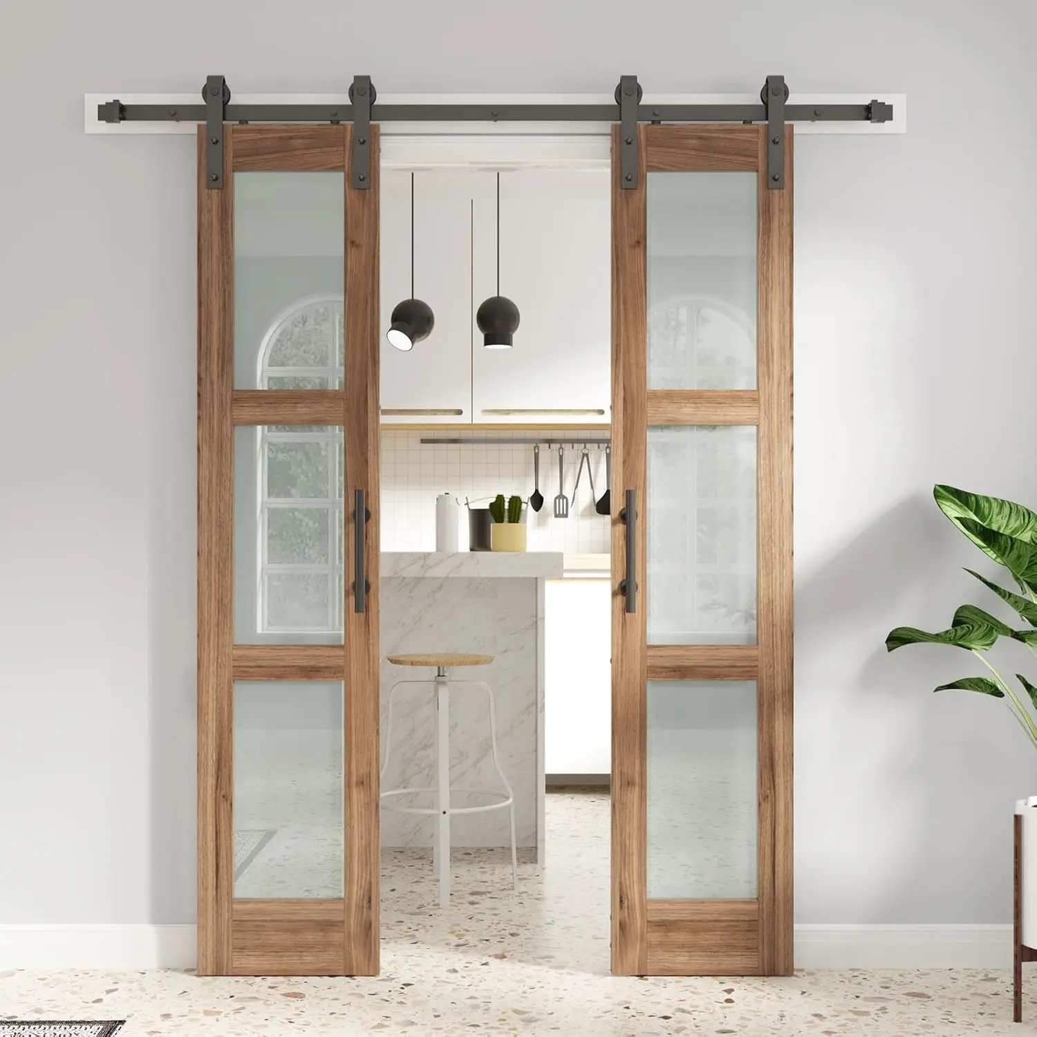 Fredbeck Double 18 X 84 Inch Glass Barn Doors 36Inch Barn Door With 6.6Ft Hardware Kit & Handle Included,3-Panel Frosted