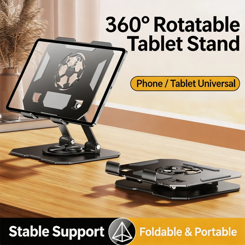 360° Rotatable All Metal Tablet Stand Adjustable Foldable Desktop Stand for 4.7-13 Inch IPad Phone Drawing Office Watching Video