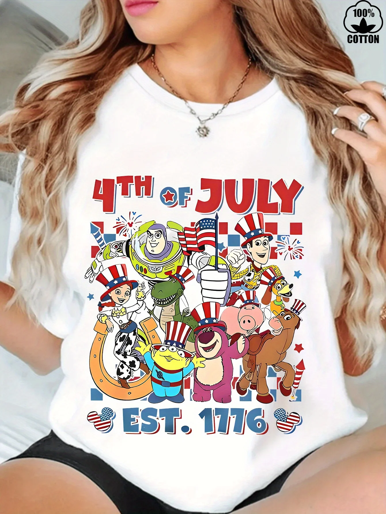 

Disney Toy Story Patriotic July 4th Women's Casual Short Sleeved T-shirt Printed Round Neck Summer Playful Design