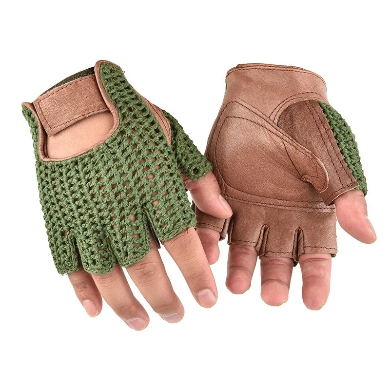 Leather Mesh Fingerless Gloves Motocross Fishing Net Car Driving Tactical Gloves Motorcycle Cycling Men\'s Gloves