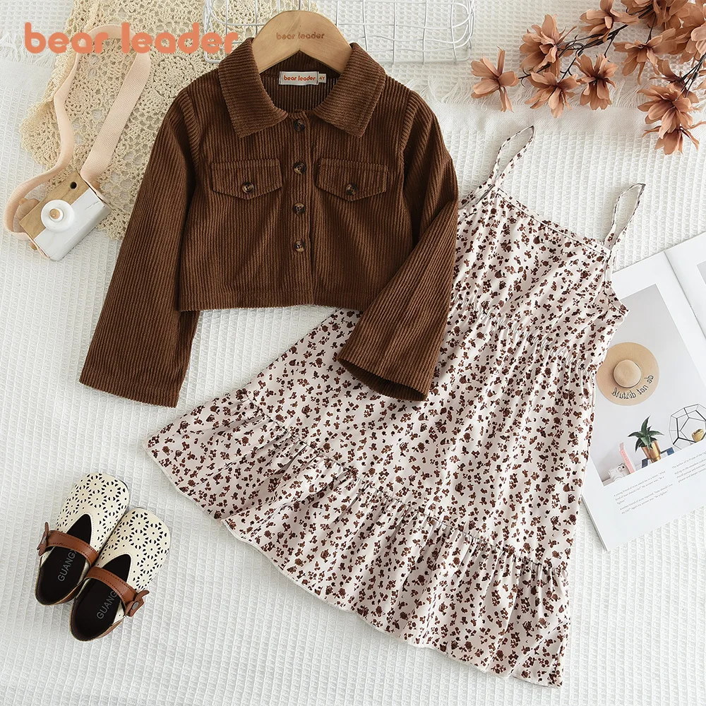 Bear Leader 2024 Autumn New Girl's Set Maillard Wind Light Core Velvet Brown Single Breasted Coat+Sleeveless Floral Skirt 2P