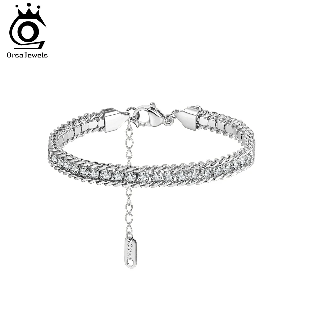 

ORSA JEWELS Браслет-цепочка из нержавеющей стали с блестящими кубическими циркониями для женщин, водонепроницаемое ювелирное украшение, подарок STKB08
