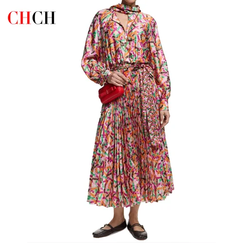 CHCH vestido de mujer otoño nuevo estampado falda doblada falda larga de vacaciones para mujer