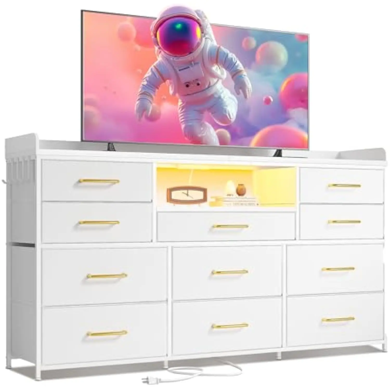 

Комод для спальни с 11 ящиками для 60-дюймовой подставки под телевизор для спальни со светодиодной подсветкой и зарядной станцией, длинный комод с полками и