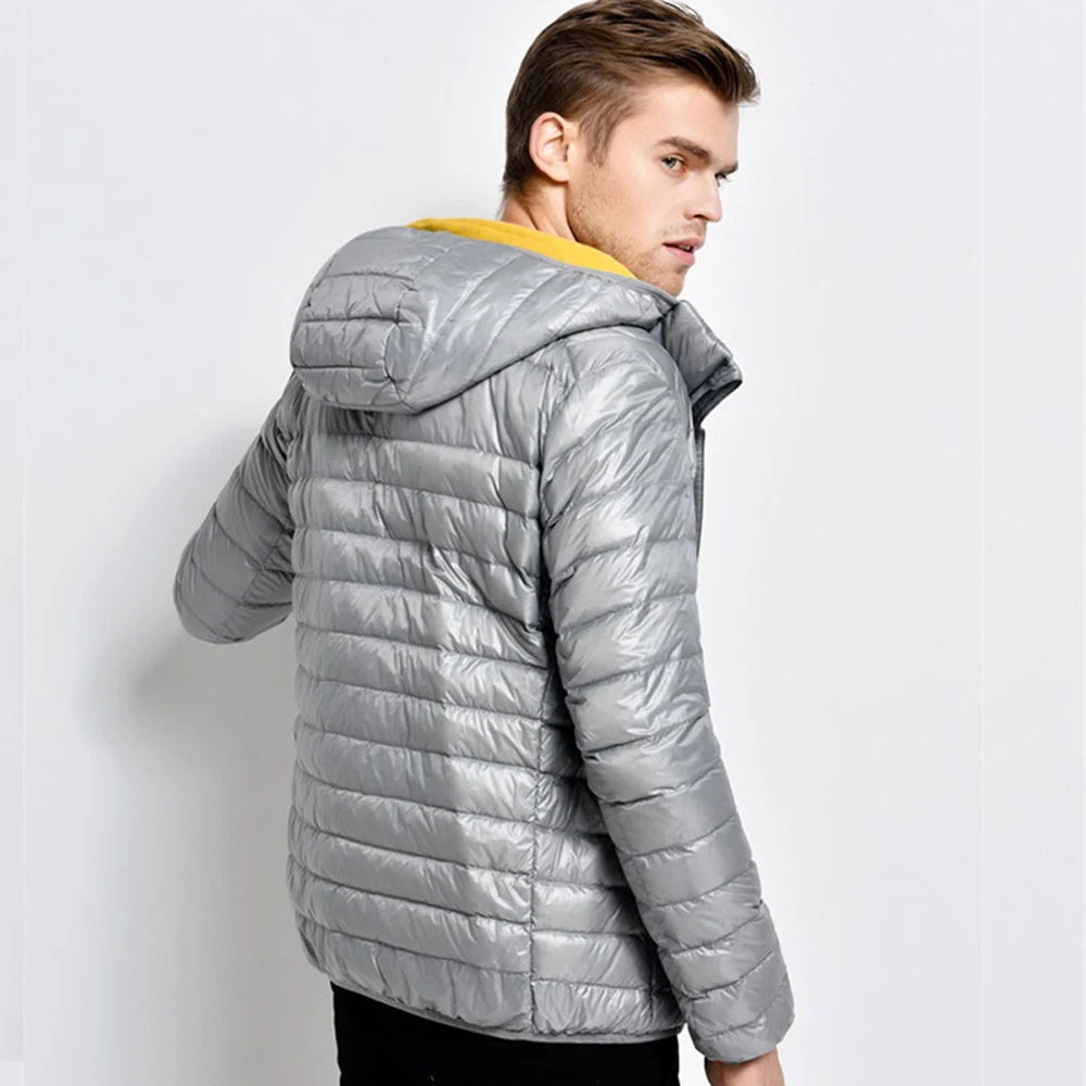 Mens Winter 70% White Duck Down Jackets Portable Ultra Light Thin Male Hoodie Jacket Outwear Down Coat DJ01