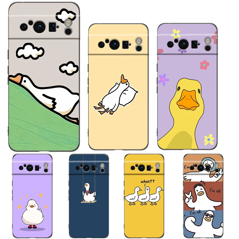 Phone Case For Google Pixel 9 8 8A 7 7A 6 Pro XL 6A 5G Black Soft Shockproof Back Cover TPU Shell Cute Cartoon Duck