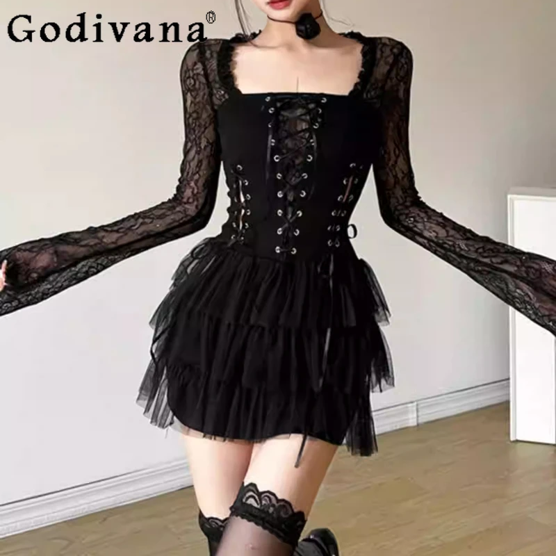 

Spring Autumn Dark Sexy Square Neck Lace-up Personalized Slim Dress Fashion Slim-fit Street Women High Waist A-line Cake Dresses