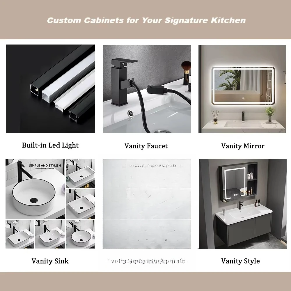 Solid Wood 60 Inch Modern Restroom Furniture Lavatory Cabinet Wall Mounted Bathroom Vanity with Ceramic Basin LED Mirror