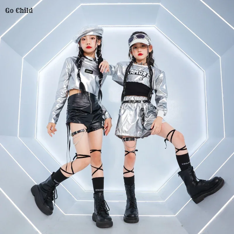 Girls K-pop Silver Crop Top Hoodies Shiny Street Dance Shorts Kids Hip Hop Streetwear Children Jazz Girl Group Cool Clothes Sets