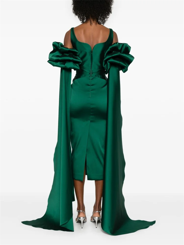 Aangepaste Sweetheart Neckline Korte Ruffled Puff Mouwen Avondjurk Open Rug Rits Enkel Lengte Achter Slit Gown Voor Vrouwen