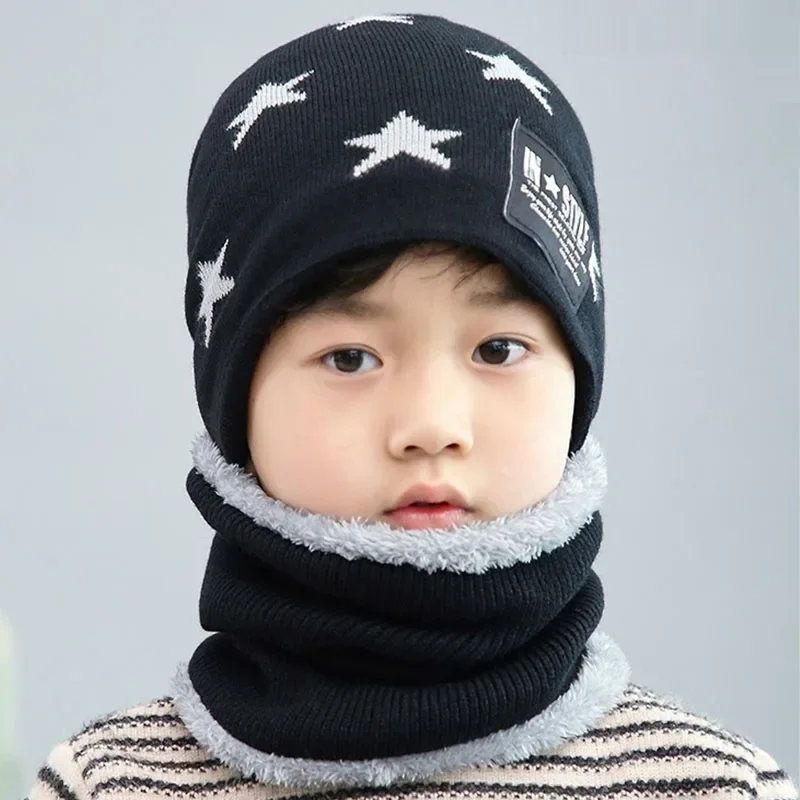 New Winter Baby Hat Set Star Children Beanies Cap Neck Collar Scarf Boys Girls Outdoor Warm Knitted Hat Scarf Kids Head Cover