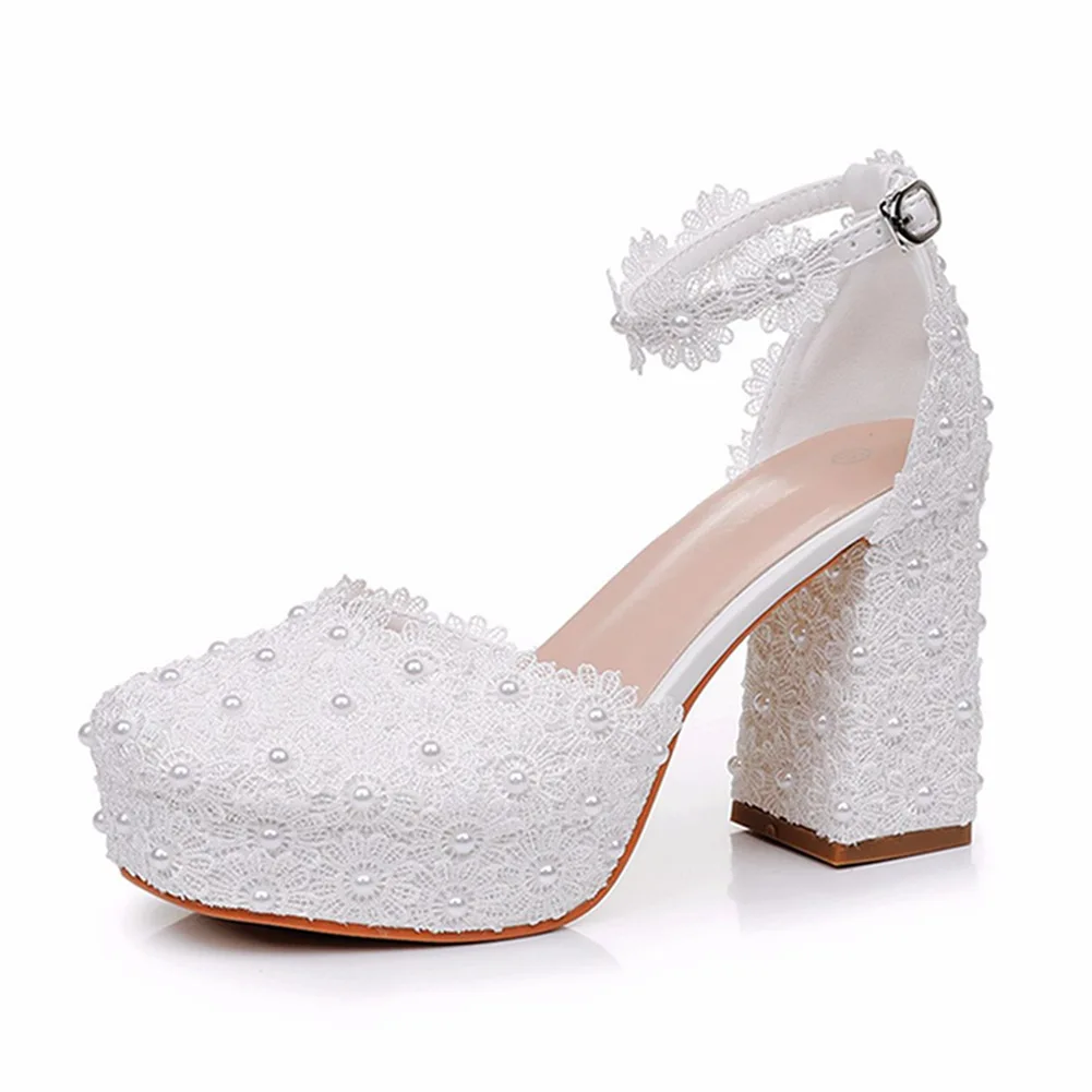 9cm grande taille chaussures pour femmes 34-42 automne mode femmes talons hauts pompes bout rond soirée mariage dentelle plate-forme chaussures