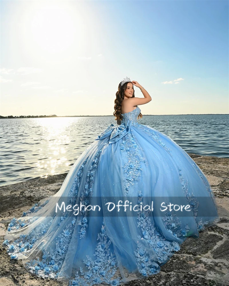 Mexico Blue Strapless 3D Flowers Quinceanera Dress Ball Gown Bead Appliques Birthday Luxury Dress Bow Formal Gown Customized