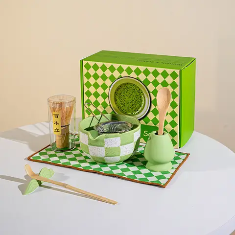 Matcha Set 7pcs Ceramic Matcha Tea Set 8-piece Japanese-style lattice Matcha bowl with tea whisk Matcha utensil set